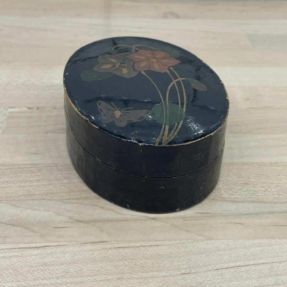 Vtg Trinket Box Paper Mache‎ Hand Painted Lacquered Butterfly Floral Oval Lid